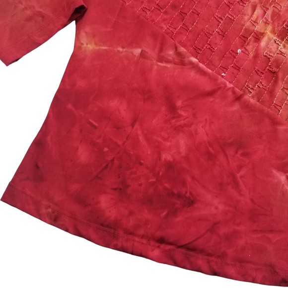 Vintage Dressbarn V Neck Top Women M Red Tie Dye 3/4 Slv Stretch Sequin 90s Y2K - Picture 12 of 14